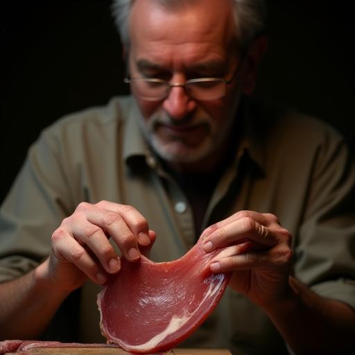Maestro jamonero inspeccionando jamón